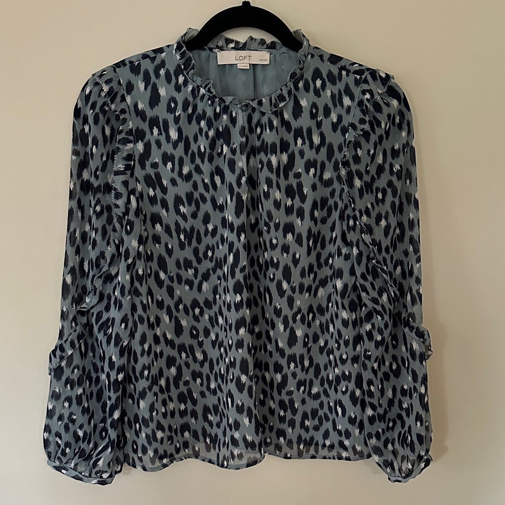 LOFT Women's Leopard Print Blouse — Navy Blue Spots on Steel Blue background